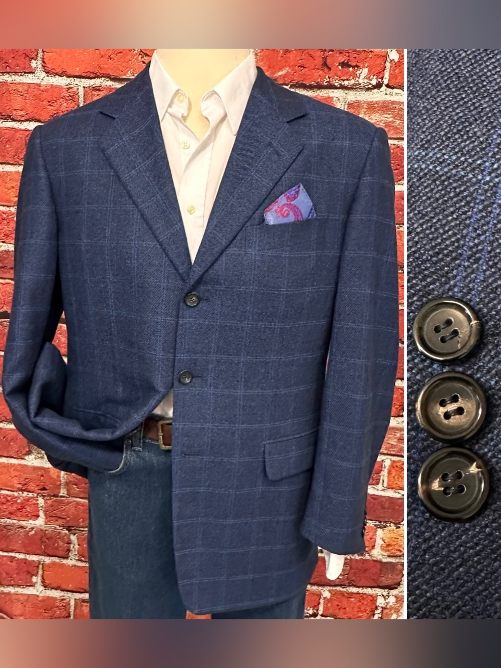 PAL ZILERI MENS BLAZER US SIZE 42 BLUE WINDOWPANE VINTAGE ITALY CASHMERE JACKET